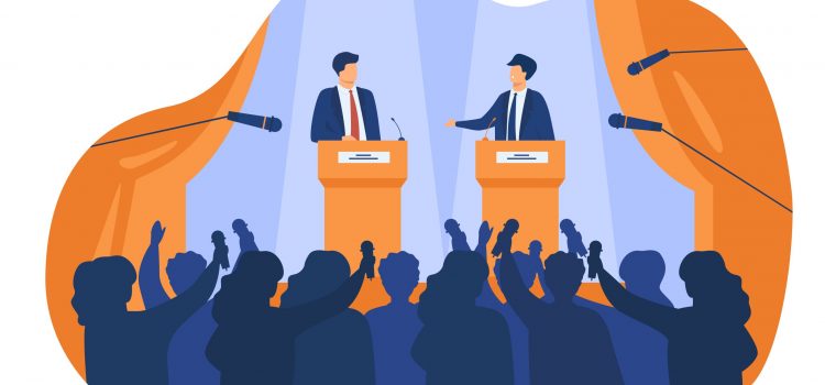 Politicians talking or having debates in front of audience flat vector illustration. Cartoon male public speakers standing on rostrum and arguing. Politics, government and controversy concept